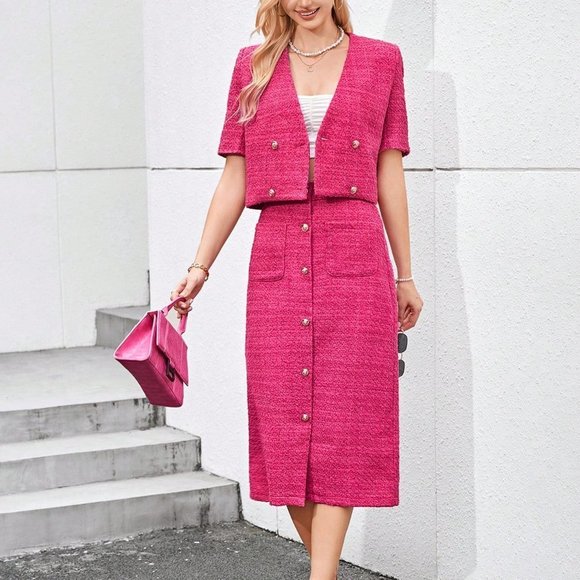 Hot Pink Casual Womens Solid Button Front Jacket & Skirt - Picture 5 of 5